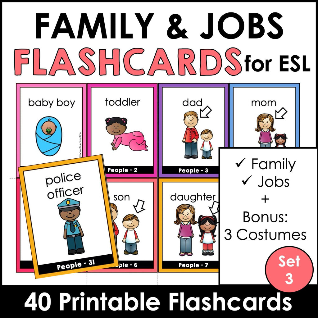 People Flashcards: Jobs & Family Vocabulary ESL Task Cards - Flash Cards - Hot Chocolate Teachables