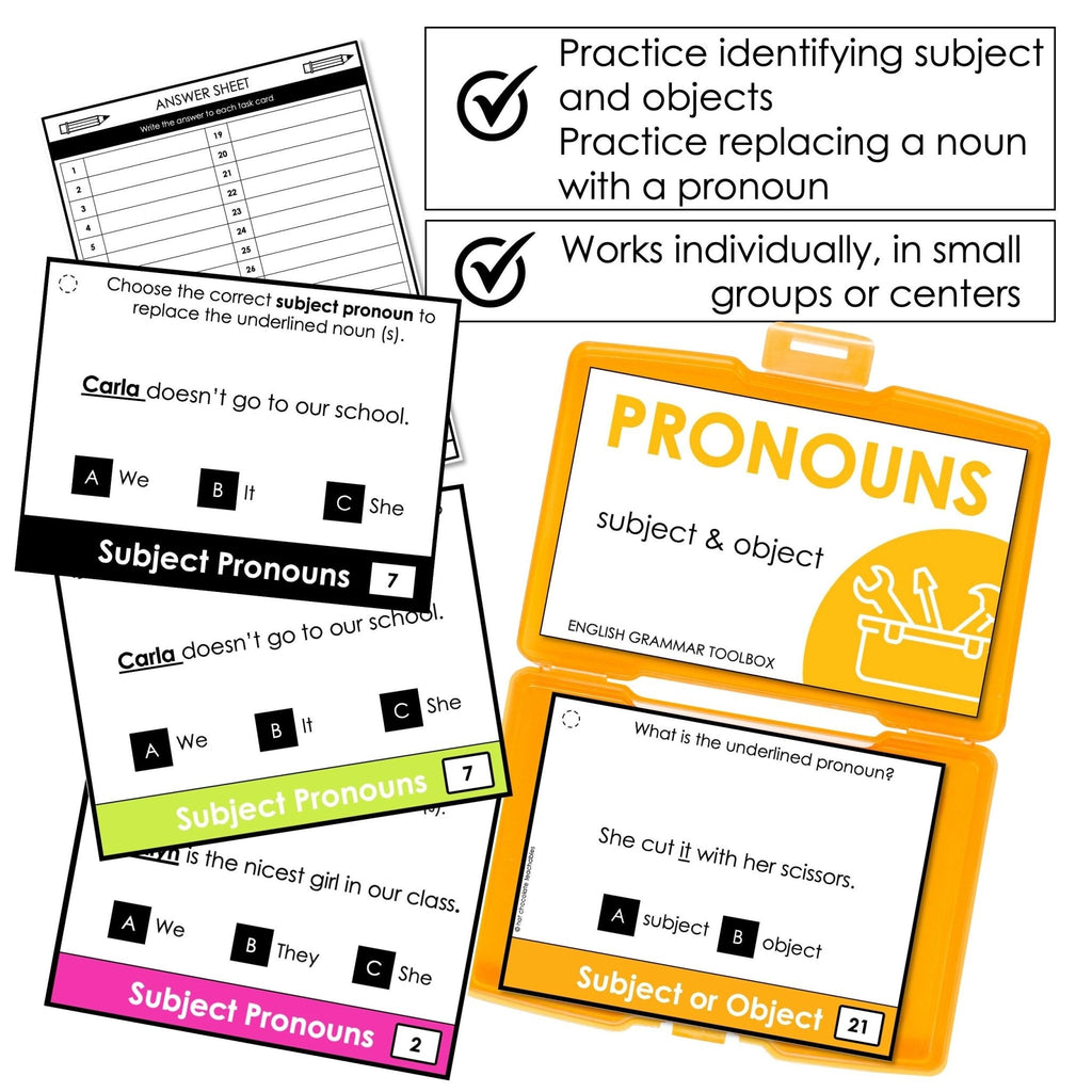 Personal Subject and Object Pronoun Task Cards ESL GRAMMAR TOOLBOX - Hot Chocolate Teachables