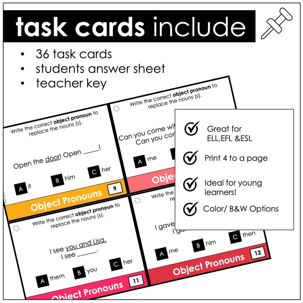 Personal Subject and Object Pronoun Task Cards ESL GRAMMAR TOOLBOX - Hot Chocolate Teachables