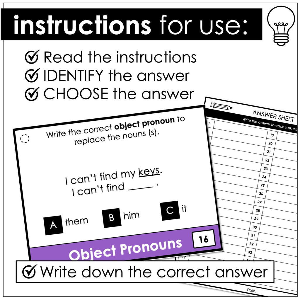 Personal Subject and Object Pronoun Task Cards ESL GRAMMAR TOOLBOX - Hot Chocolate Teachables