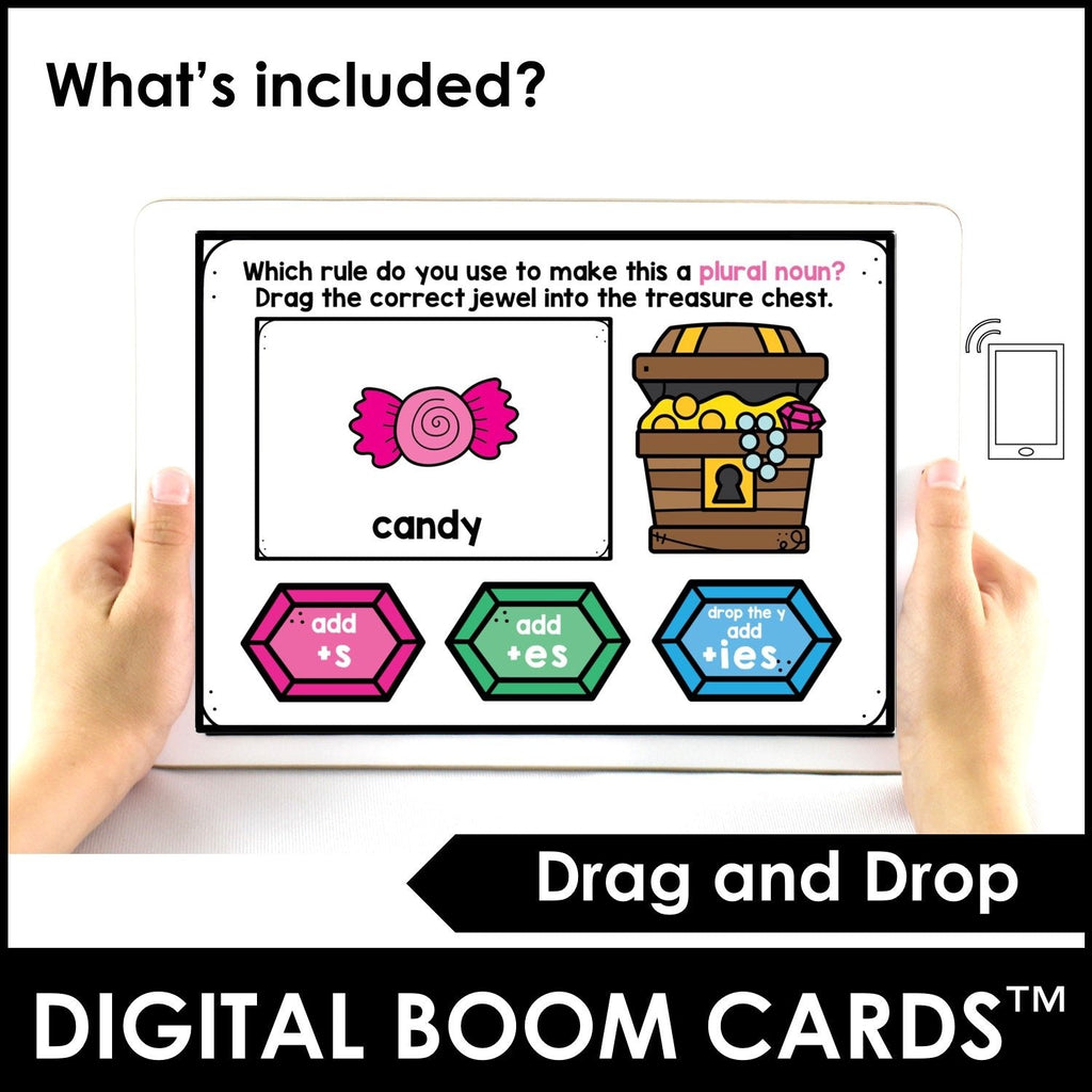 Plural Noun Rules BOOM CARDS™ - for Regular nouns -s, -es, -ies endings - Hot Chocolate Teachables