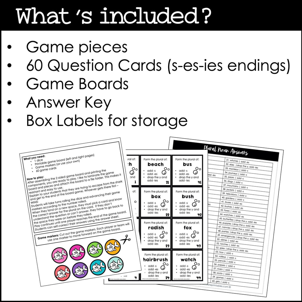 Plural Noun Spelling Rules - Board Game for Regular Endings s- -es -ies - Hot Chocolate Teachables