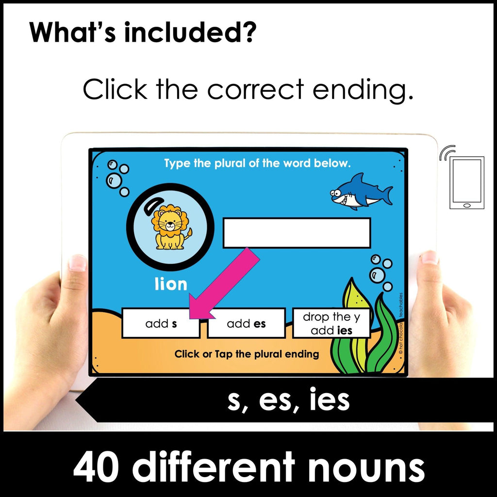 Plural Noun Spelling Rules | Regular nouns -s, -es, -ies endings - BOOM CARDS - Hot Chocolate Teachables