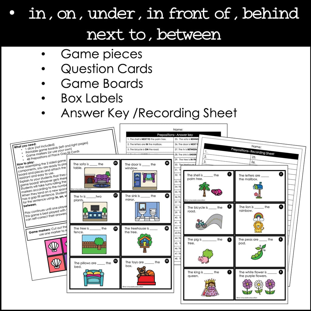 Prepositions of Place Board Game | in, on, under, in front of, behind, next to - Hot Chocolate Teachables