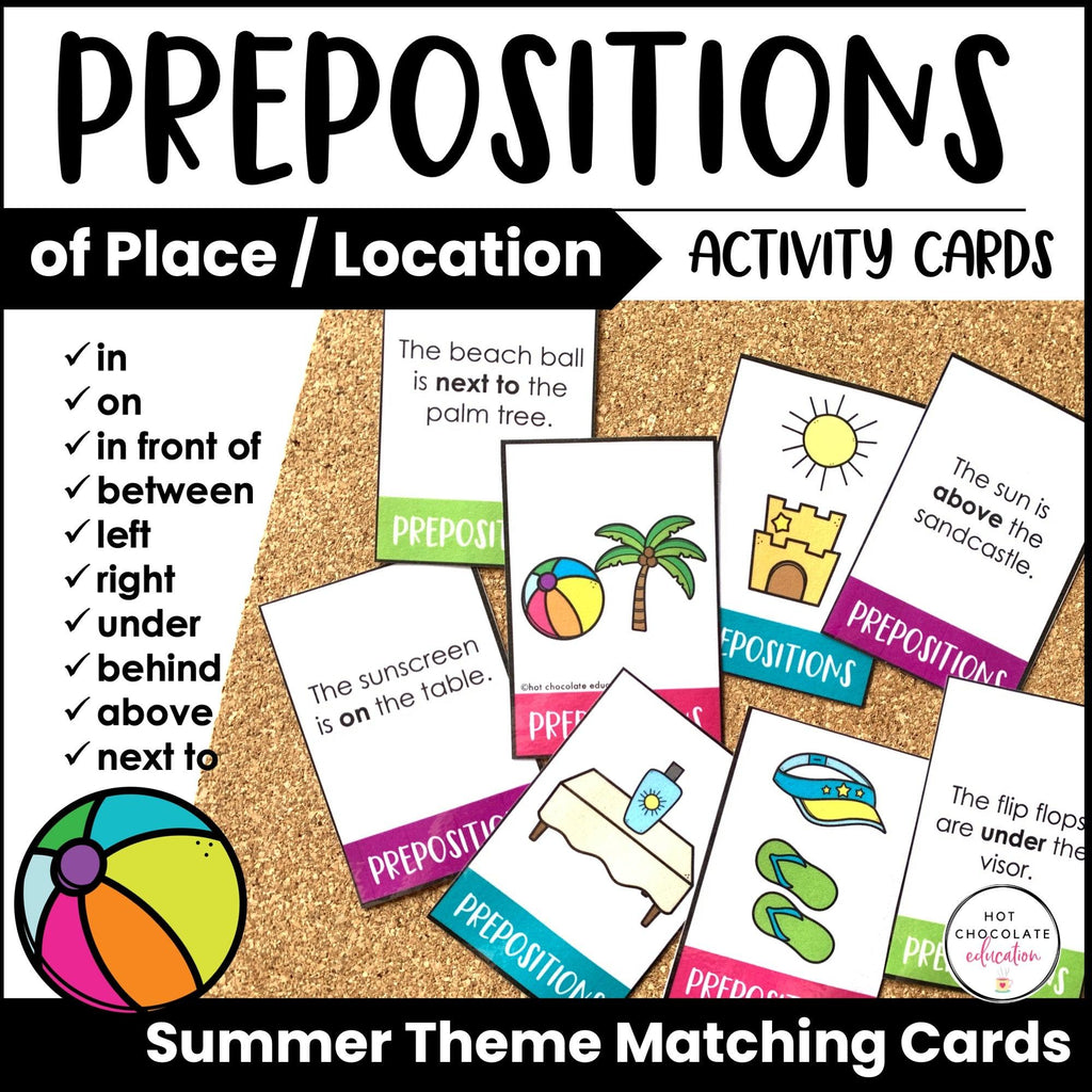 Prepositions of Place Card Match ACTIVITY BUNDLE - Seasonal Vocabulary - Hot Chocolate Teachables