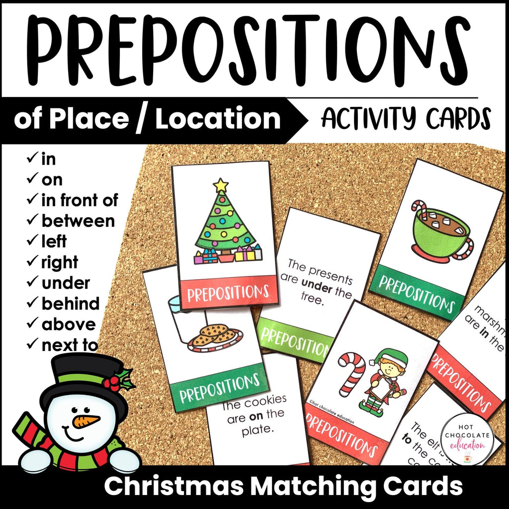 Prepositions of Place Card Match ACTIVITY BUNDLE - Seasonal Vocabulary - Hot Chocolate Teachables