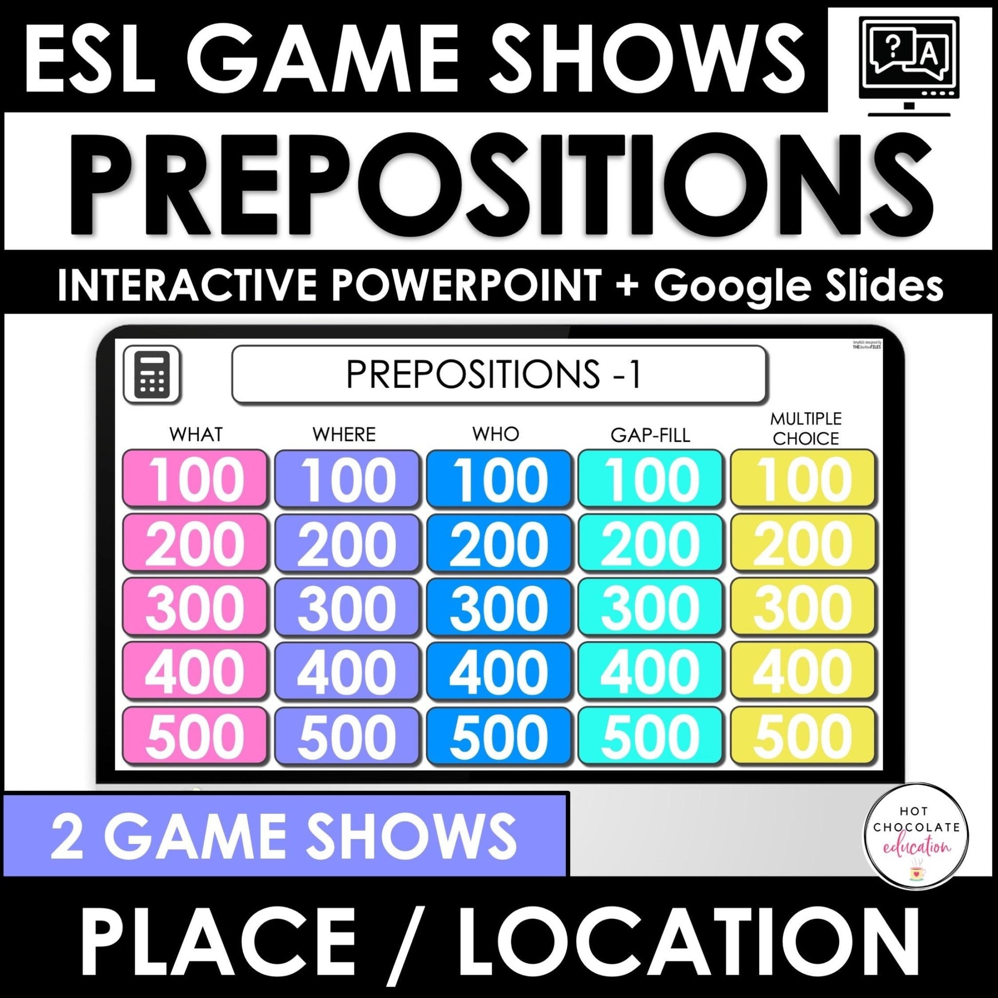 Prepositions of Place Game Show - in, on, under, in front of, behind, next to - Hot Chocolate Teachables