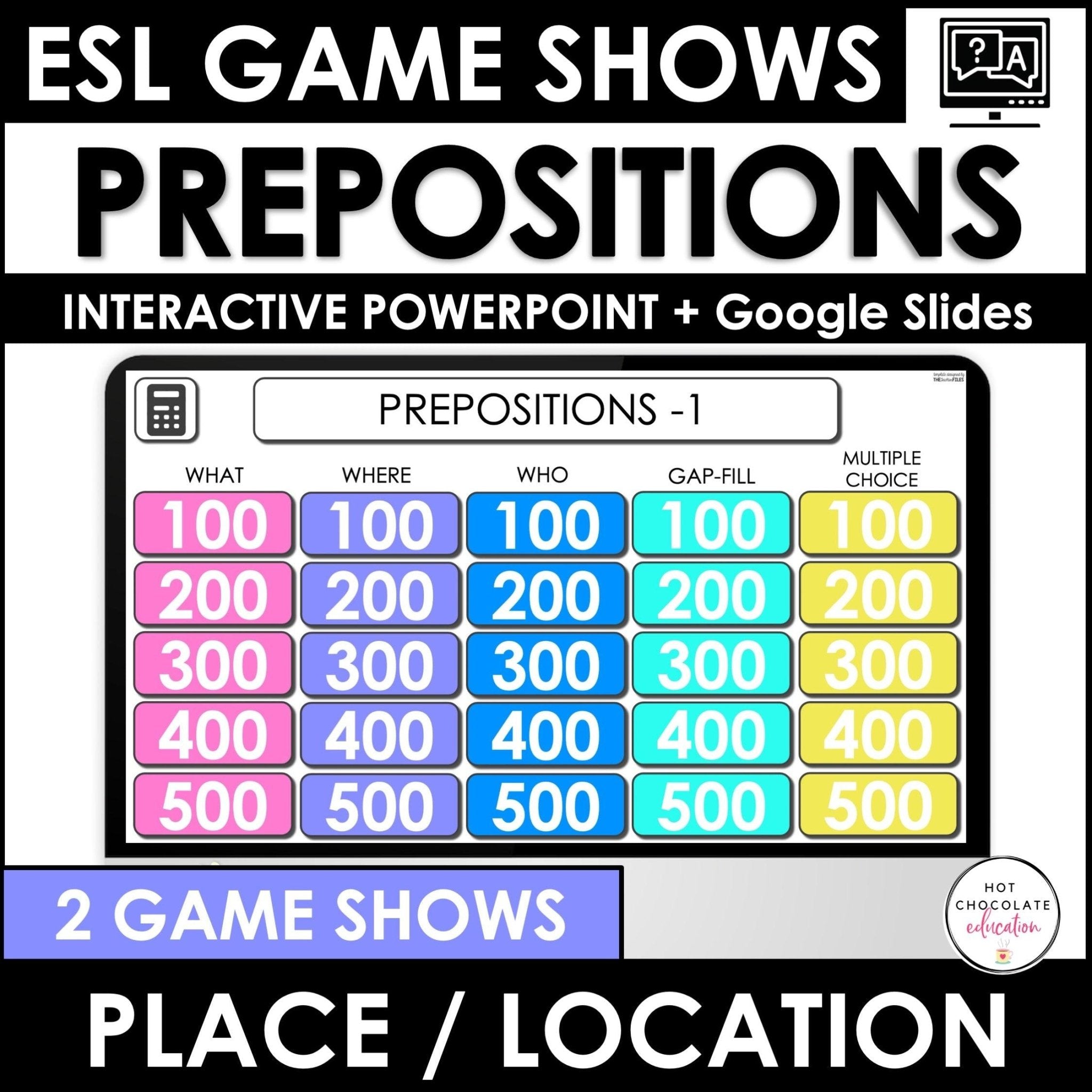 Prepositions of Place Game Show - in, on, under, in front of, behind, next to - Hot Chocolate Teachables