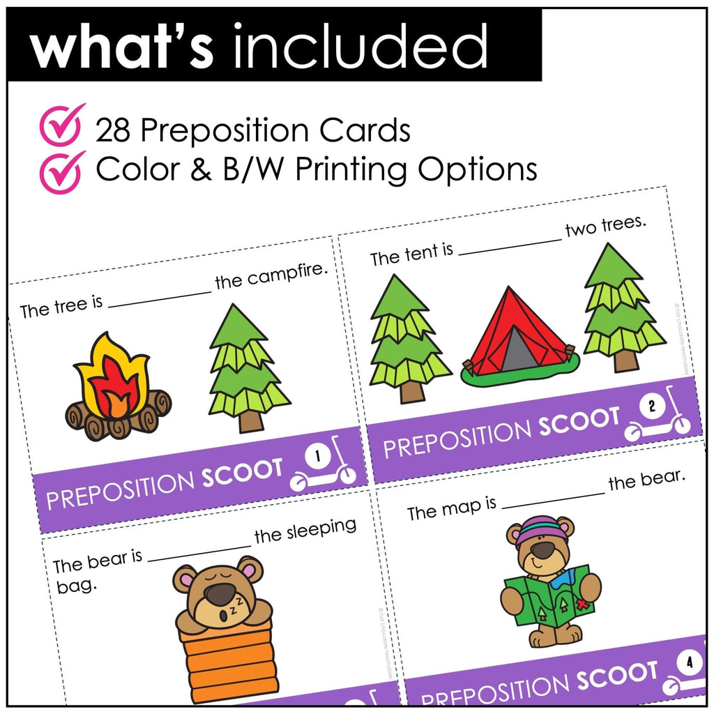 Prepositions of Place SCOOT using in, on, under, in front of, behind, next to - Hot Chocolate Teachables