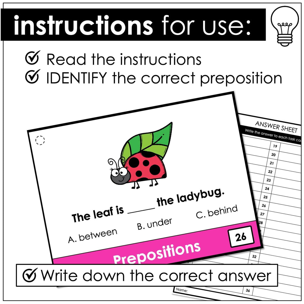 Prepositions of Place Task Cards - in, on, under, next to, between, in front of - Hot Chocolate Teachables