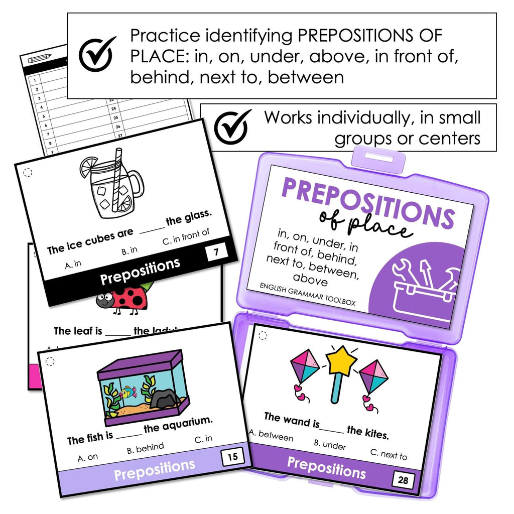 Prepositions of Place Task Cards - in, on, under, next to, between, in front of - Hot Chocolate Teachables