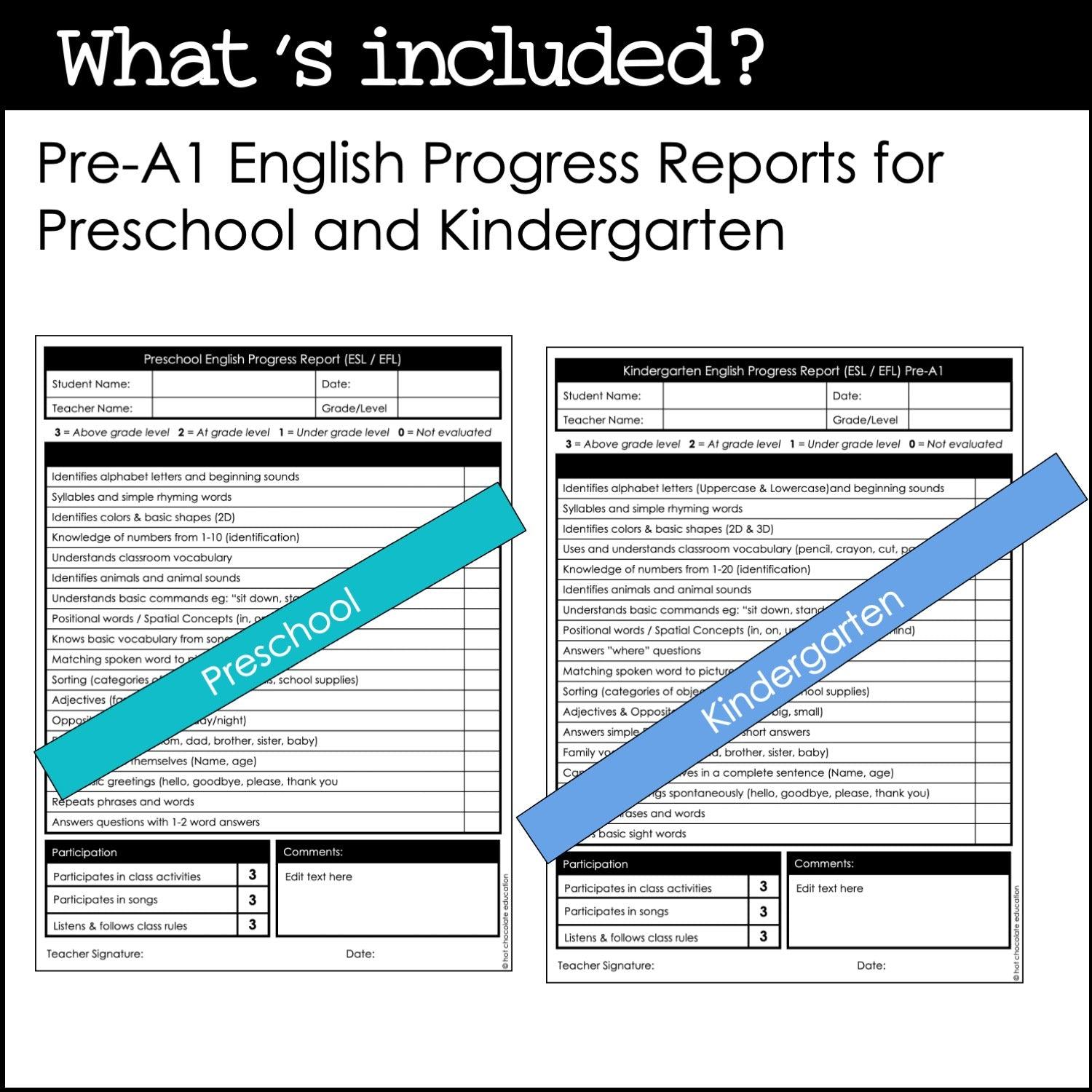 Preschool & Kindergarten ESL /EFL Progress Reports for Young Learners - EDITABLE - Hot Chocolate Teachables