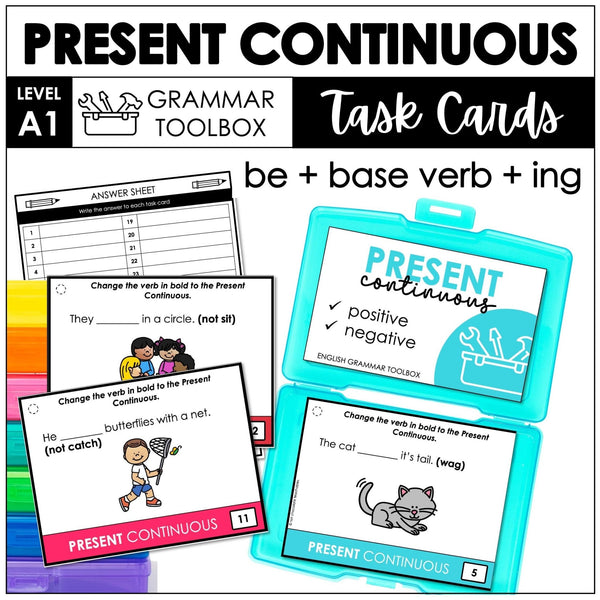 Present Continuous Tense Task Cards : Verb Conjugation in Sentences - Hot Chocolate Teachables