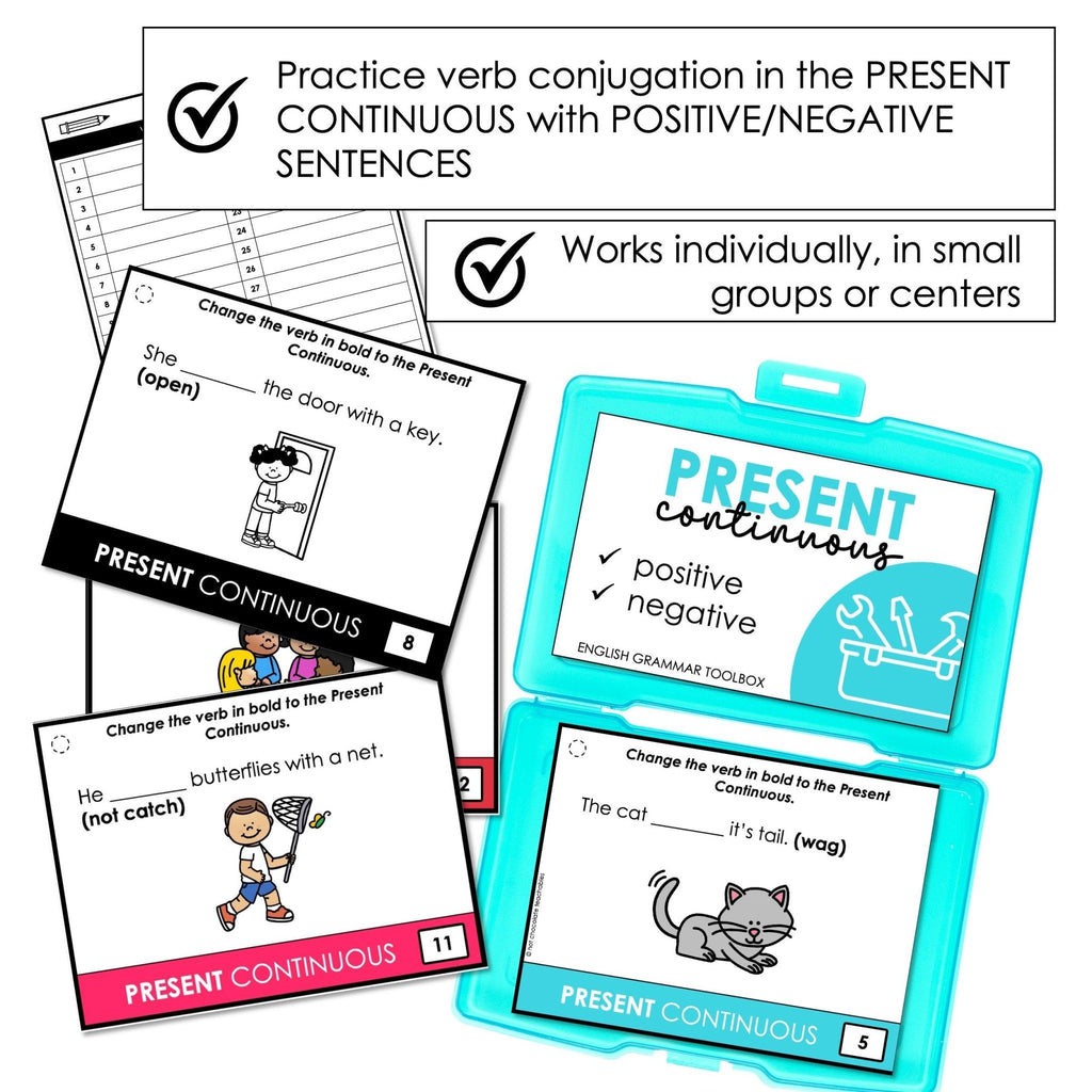 Present Continuous Tense Task Cards : Verb Conjugation in Sentences - Hot Chocolate Teachables