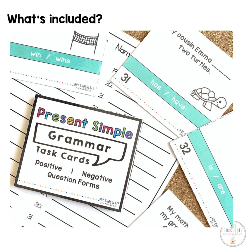 Present Simple Task Cards to practice Positive, Negative and Question Forms - Hot Chocolate Teachables