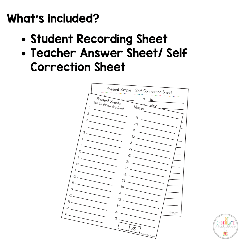 Present Simple Task Cards to practice Positive, Negative and Question Forms - Hot Chocolate Teachables