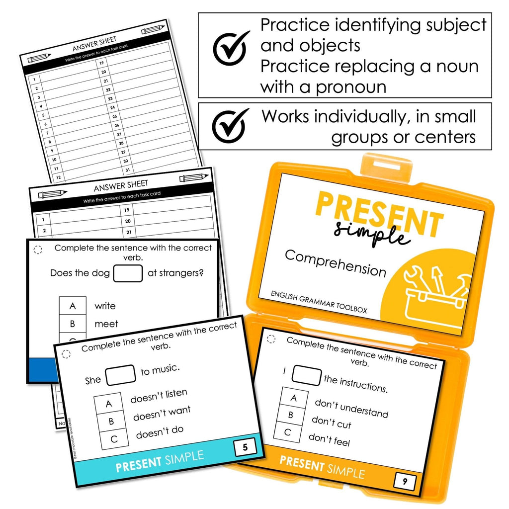 Present Simple Task Cards - Verb Choice based on Sentence Context - Hot Chocolate Teachables