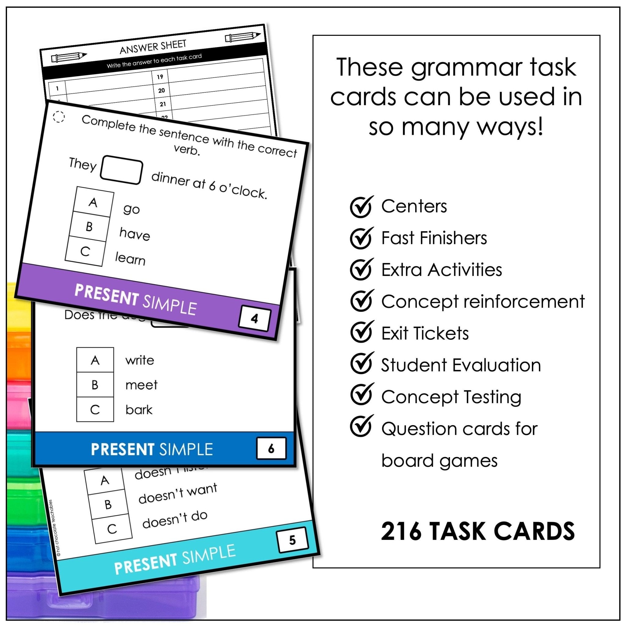Present Tense Grammar Task Cards Bundle - Simple & Continuous for ESL EFL ELA - Hot Chocolate Teachables