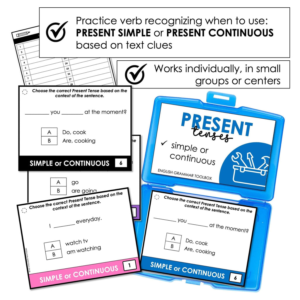 Present Tense - Simple or Continuous Task Cards : Choose the verb tense - Hot Chocolate Teachables