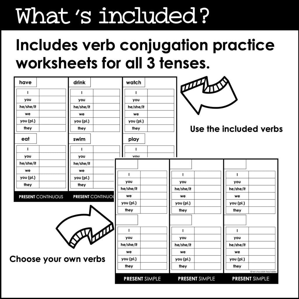 Present Tense Verb Notebook Reference + Verb Conjugation Worksheets - Hot Chocolate Teachables