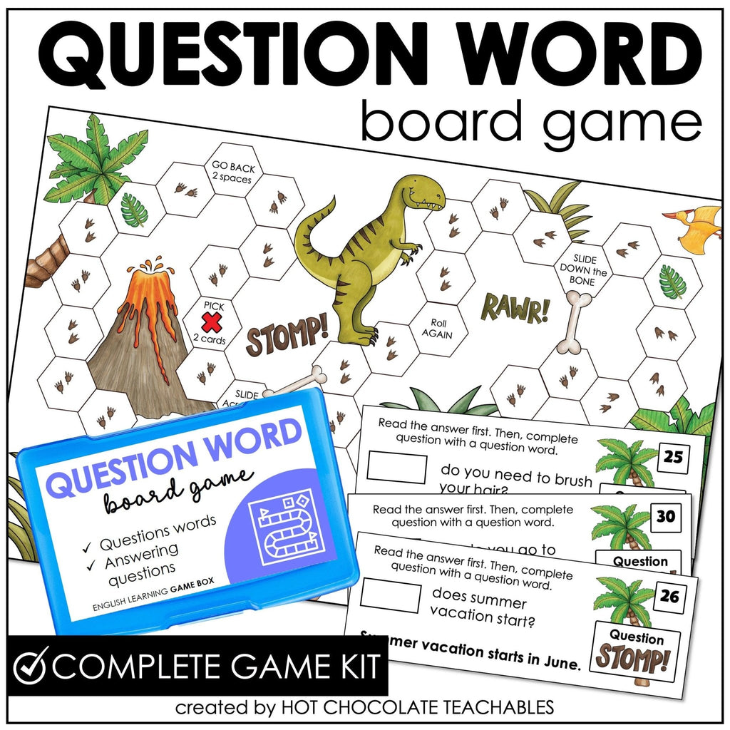 Question Word Board Game with Question Cards : What Where Why When Where - Hot Chocolate Teachables