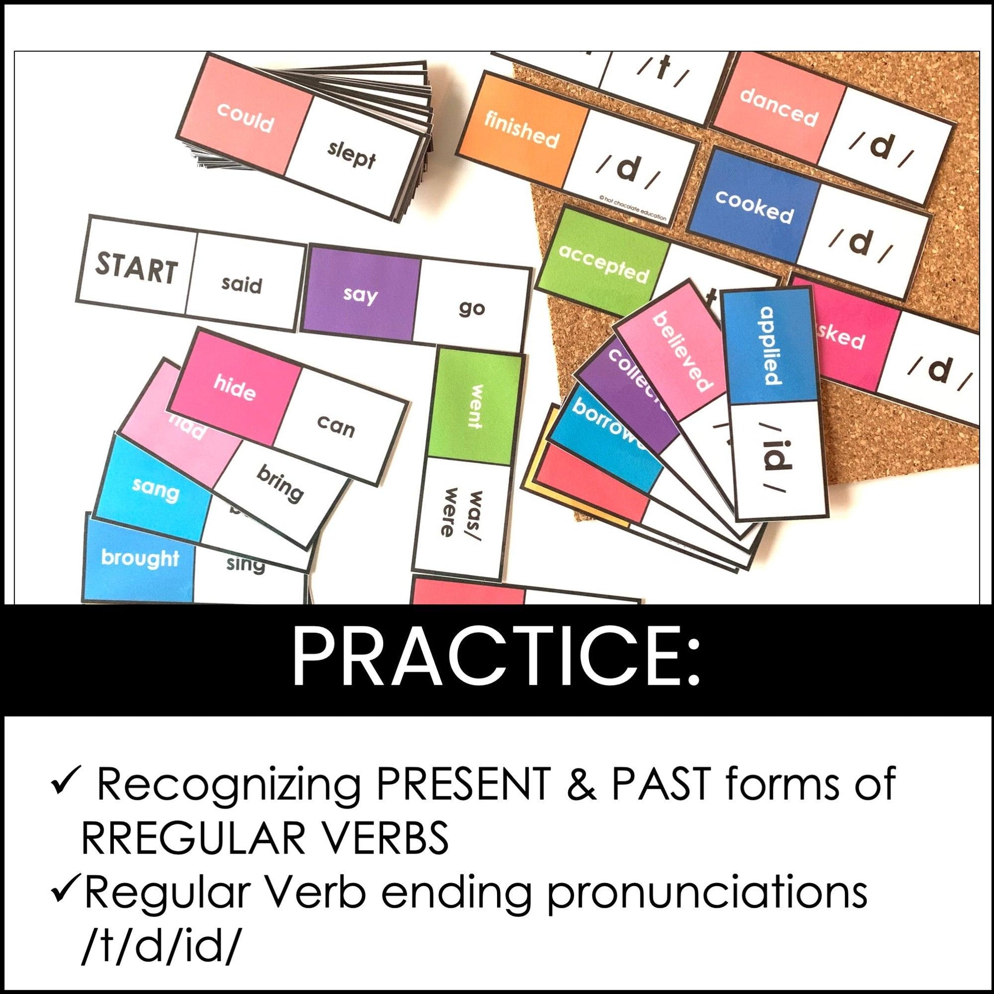 Regular and Irregular Past Tense Verb Dominoes - Ending Pronunciations -t -d -id - Hot Chocolate Teachables