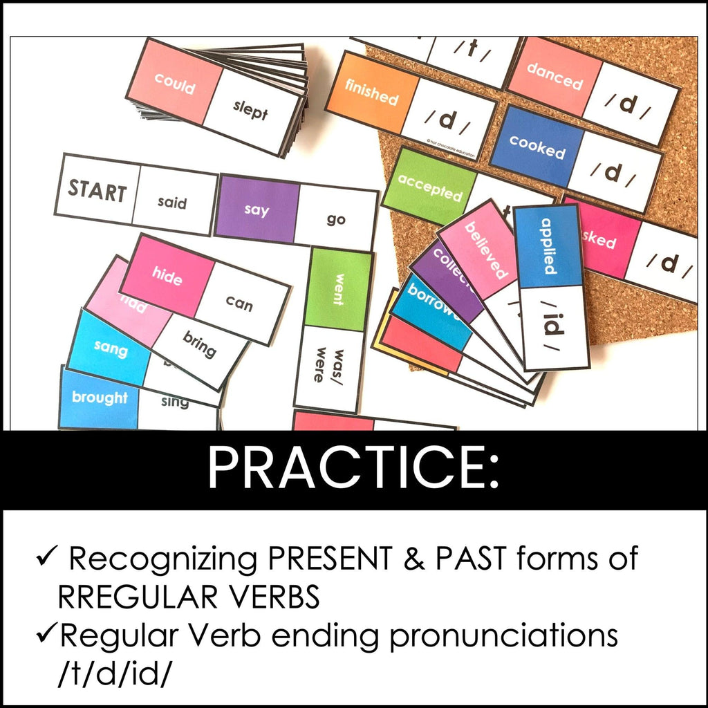 Regular and Irregular Past Tense Verb Dominoes - Ending Pronunciations -t -d -id - Hot Chocolate Teachables