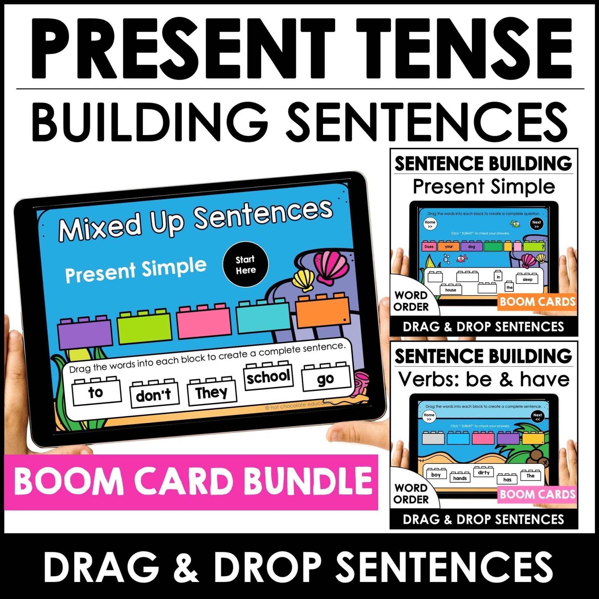 Sentence Building - Present Simple Verbs - Word Order in Sentences Boom Cards™ - Hot Chocolate Teachables