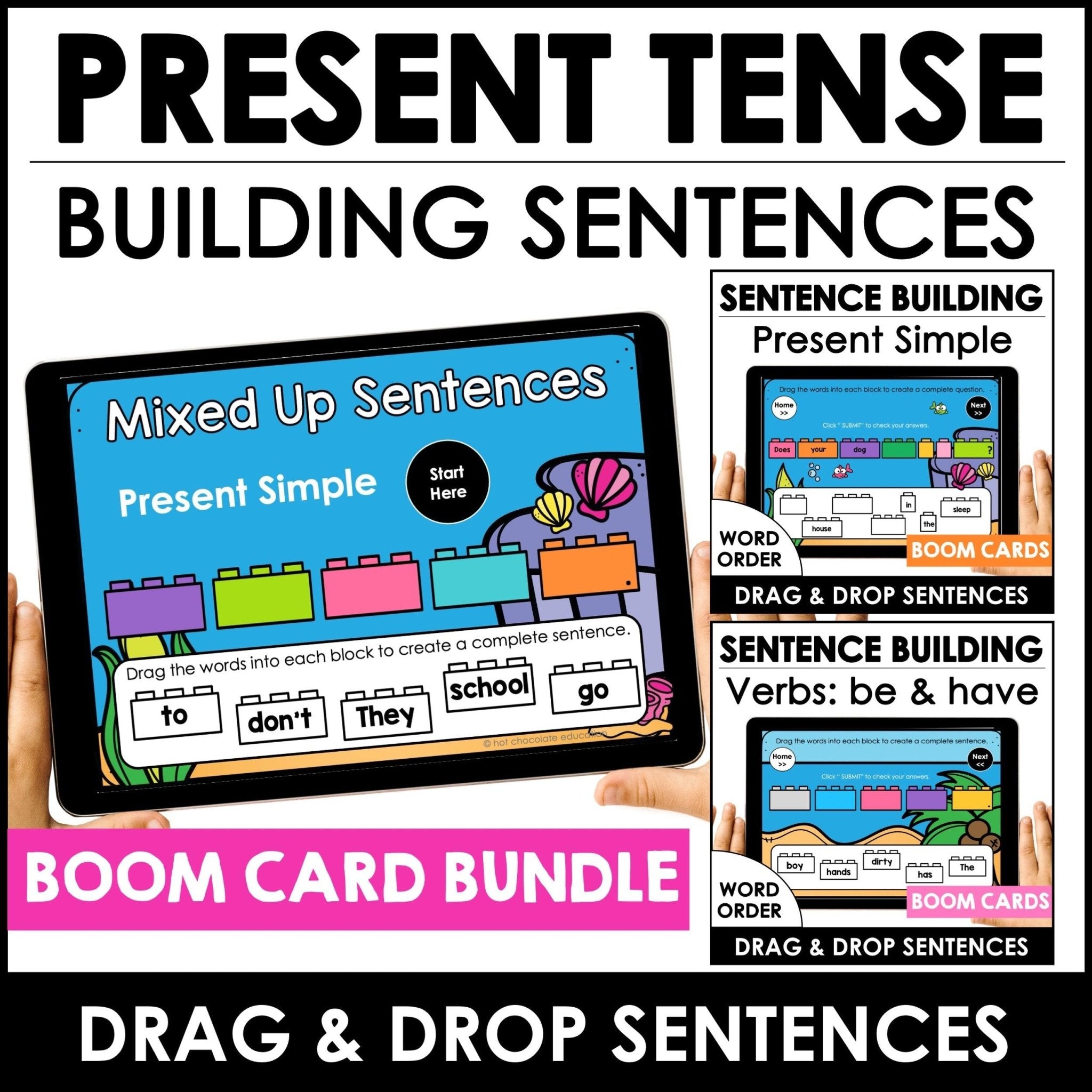 Sentence Building - Present Simple Verbs - Word Order in Sentences Boom Cards™ - Hot Chocolate Teachables