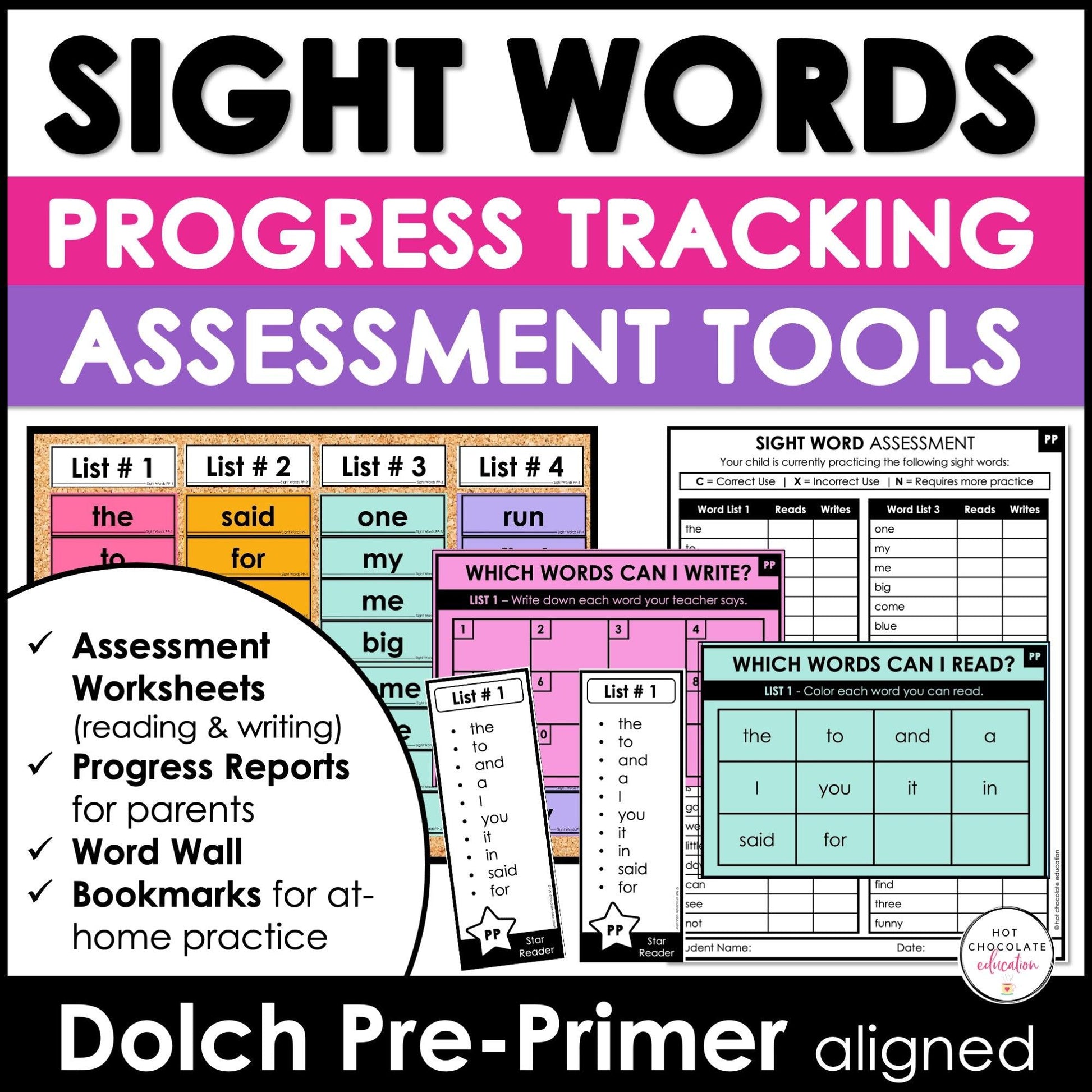 Sight Word Progress Reports - Pre-Primer Words | Evaluation Template & Word Wall - Hot Chocolate Teachables