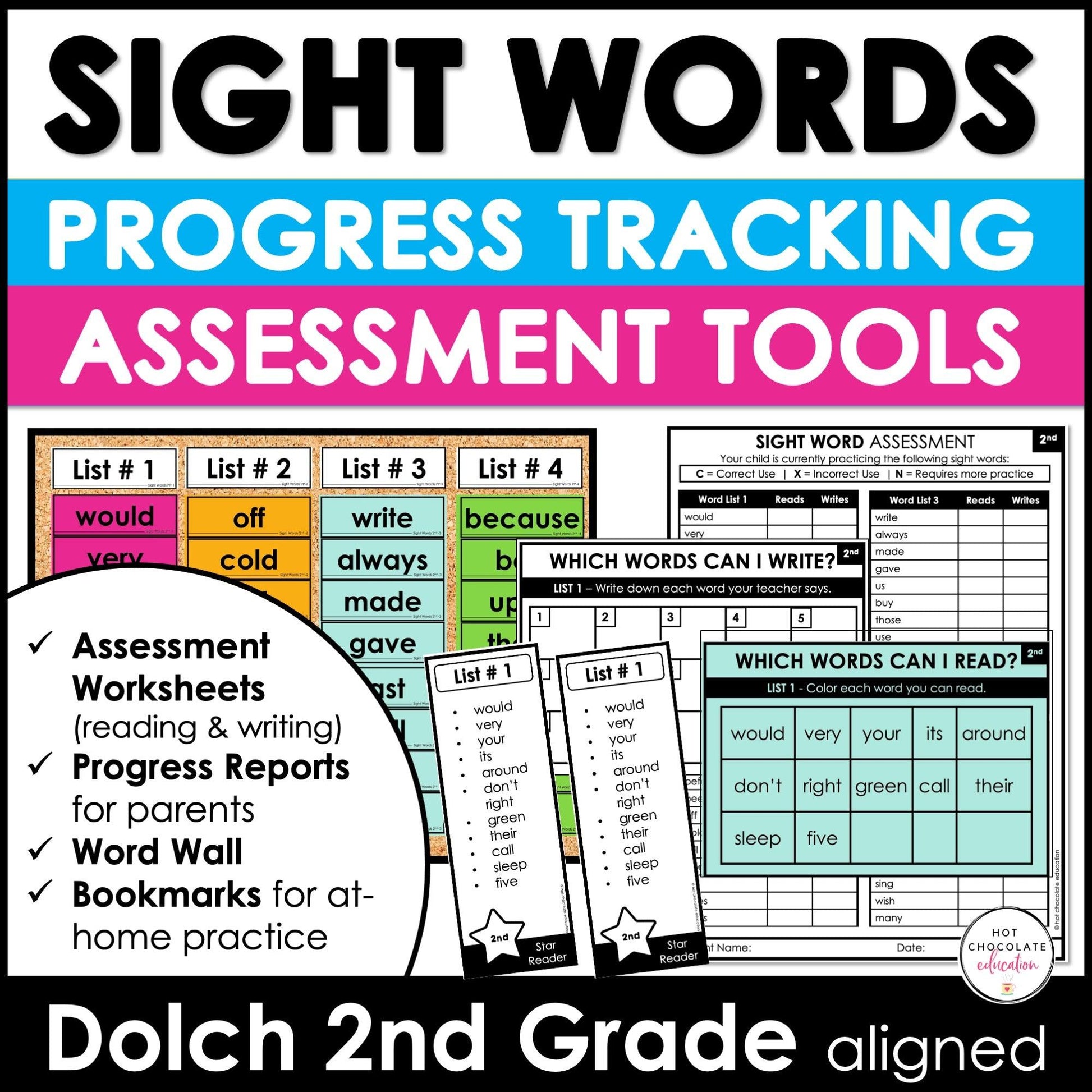 Sight Word Progress Reports - SECOND GRADE | Evaluation Template & Word Wall - Hot Chocolate Teachables