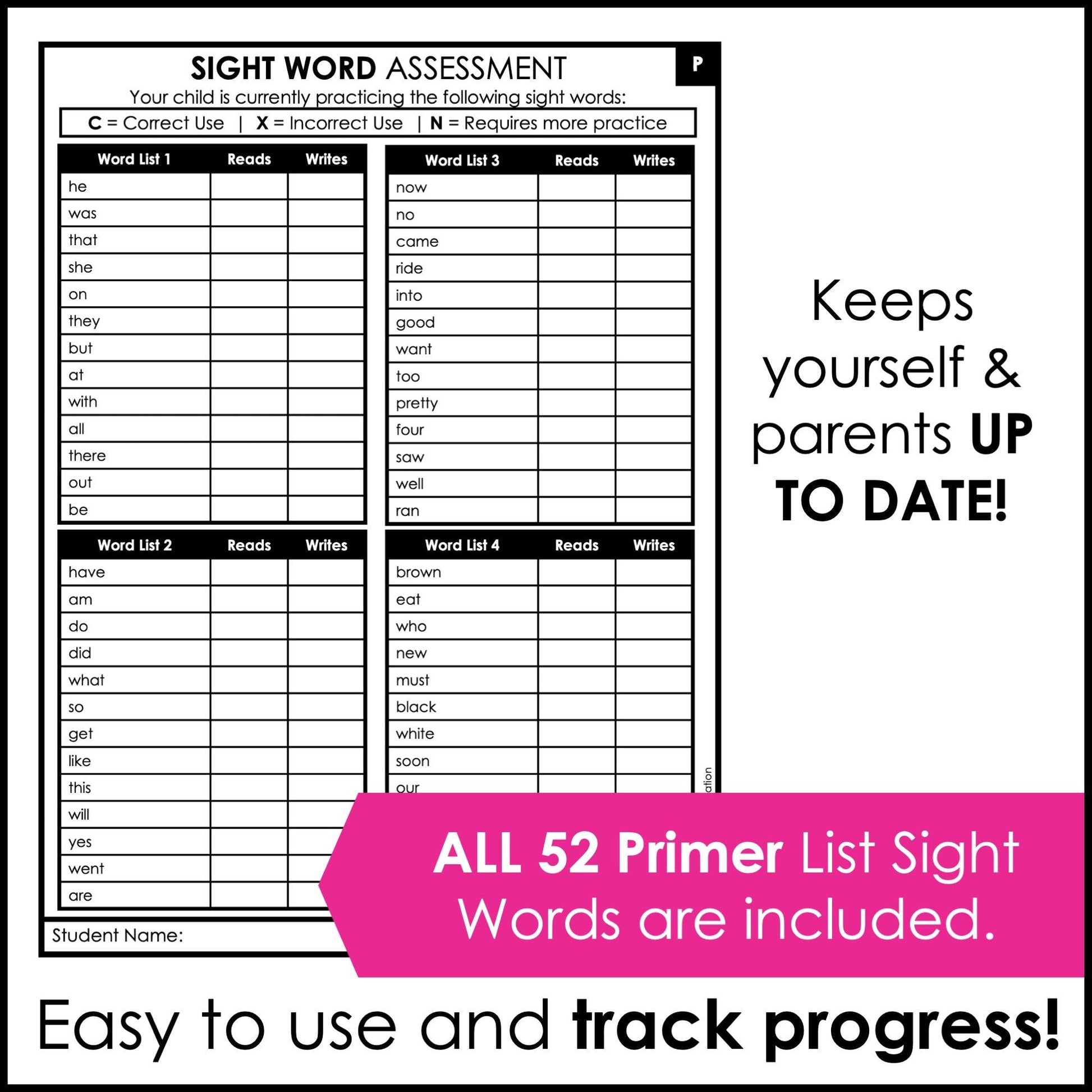 Sight Word Progress Reports - Tracking & Evaluation Tools - Primer Word List - Hot Chocolate Teachables
