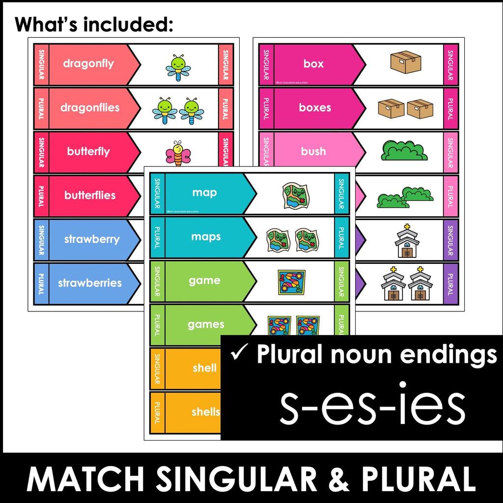 Singular and Plural Noun Suffixes - Matching Activity | -s, -es, -ies endings - Hot Chocolate Teachables