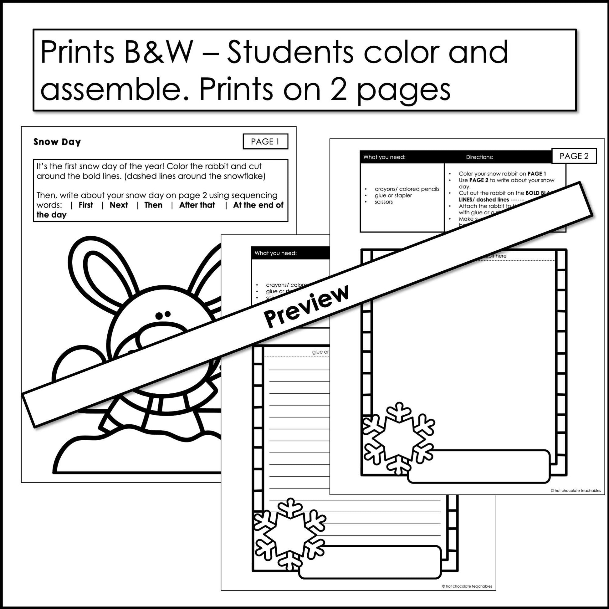 Snow Day Craft | Past Tense Narrative Writing Activity ELA / ESL / EFL - Hot Chocolate Teachables