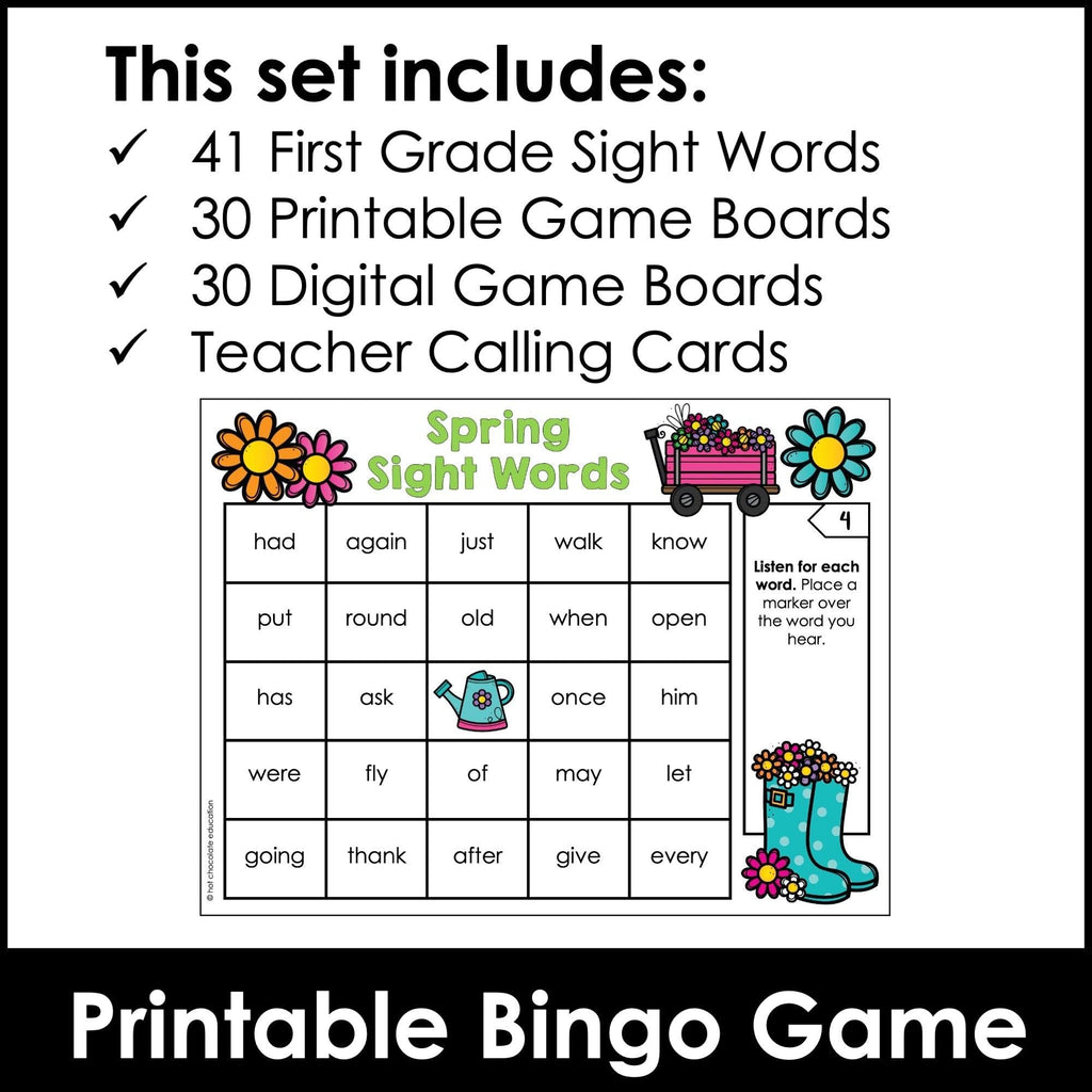 Spring 1st Grade Sight Words Bingo Game - Print & Digital Google Slides™ - Hot Chocolate Teachables