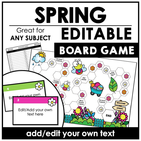 Spring Board Game Template for ANY subject with Editable Game Cards - Hot Chocolate Teachables