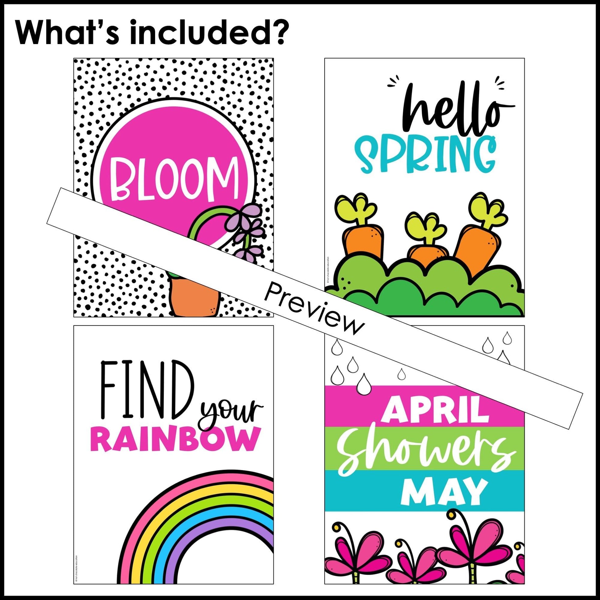 Spring Classroom Posters | Instant Bulletin Board Decor - 8 Poster Set - Hot Chocolate Teachables