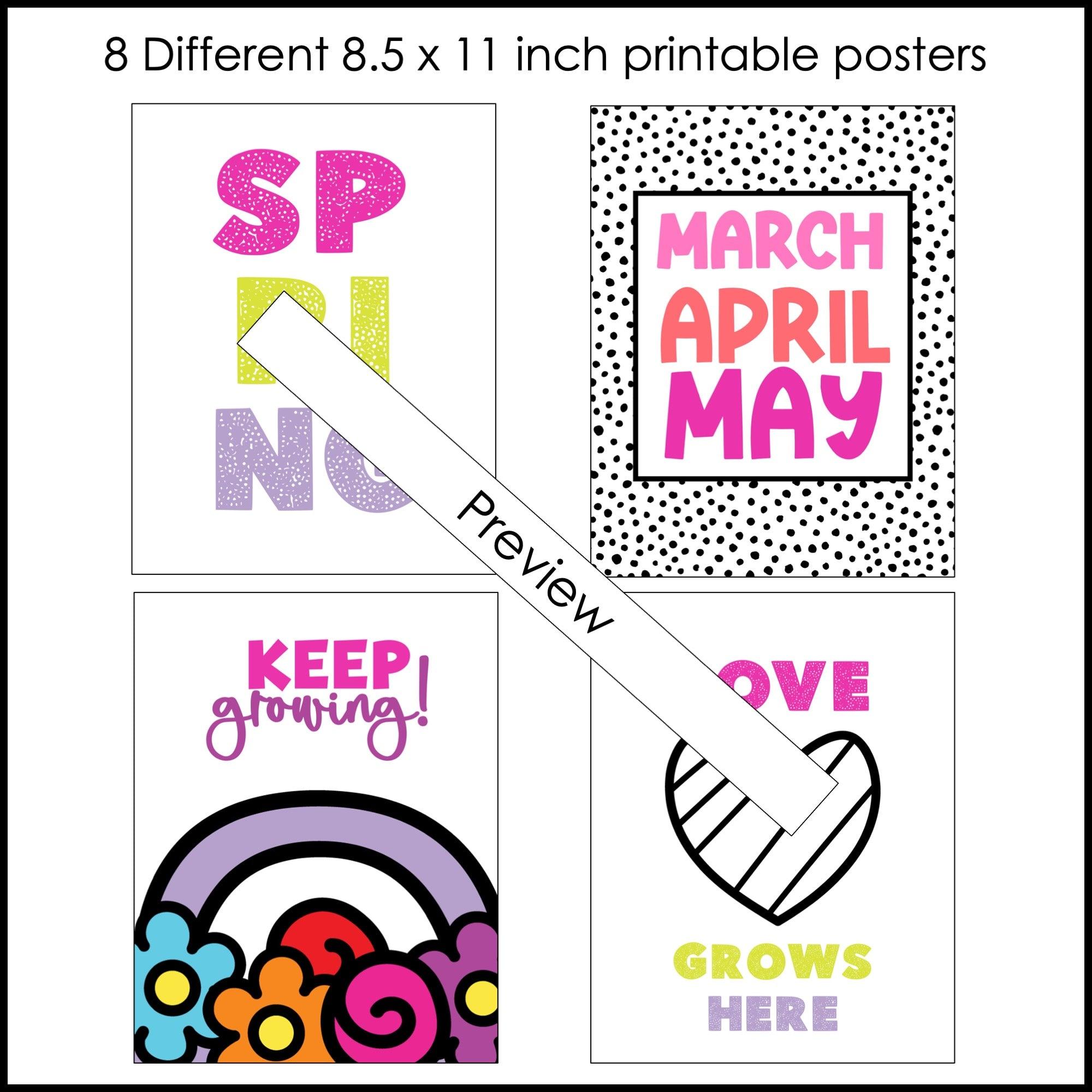 Spring Classroom Posters | Instant Bulletin Board Decor - 8 Poster Set - Hot Chocolate Teachables