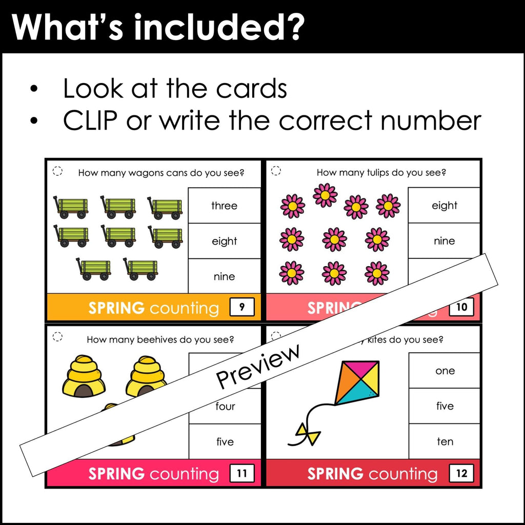 Spring Counting Number Activity Number Practice Task Cards 1 to 10 - Clip Cards - Hot Chocolate Teachables