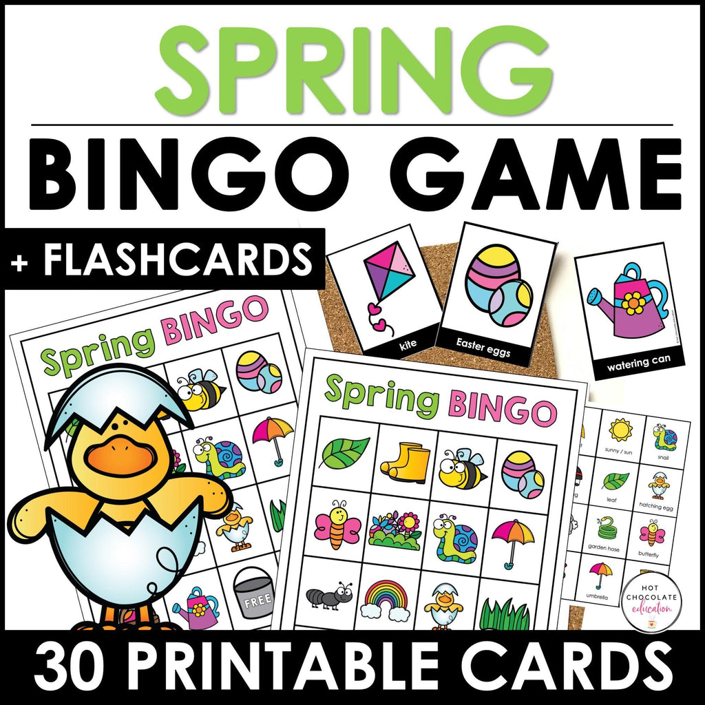 Spring - Easter BINGO Game - Vocabulary Activity + Flashcards - Hot Chocolate Teachables