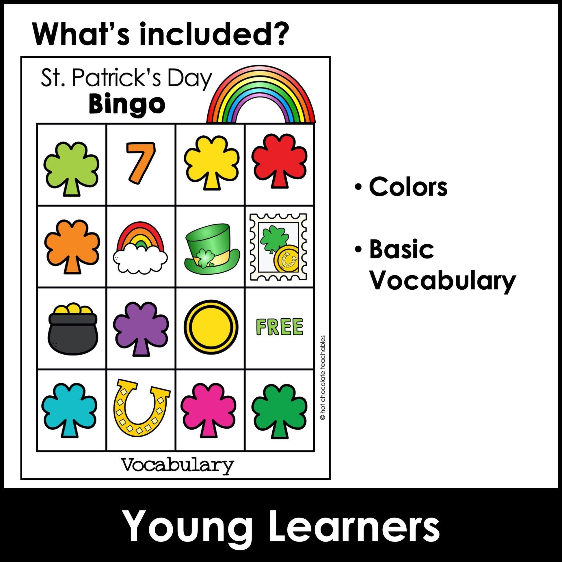 St. Patrick's Day Basic Vocabulary & Colors BINGO for ESL - Hot Chocolate Teachables