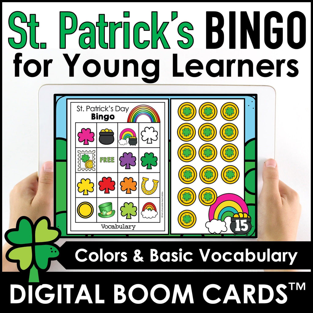 St. Patrick's Day Vocabulary DIGITAL BINGO -Boom Cards™ Preschool - Kindergarten - Hot Chocolate Teachables