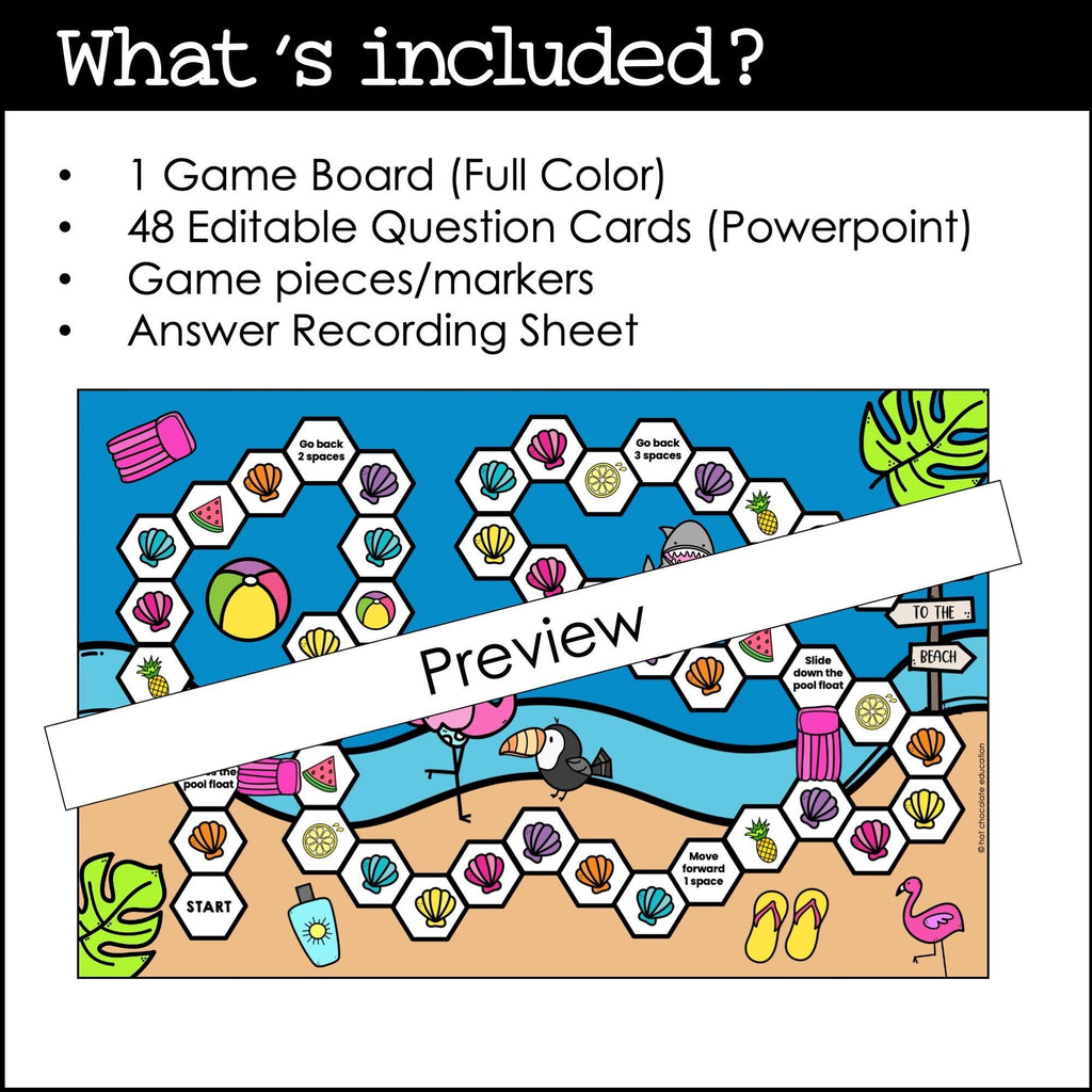 Summer Board Game Template for ANY subject with Editable Game Cards - Hot Chocolate Teachables