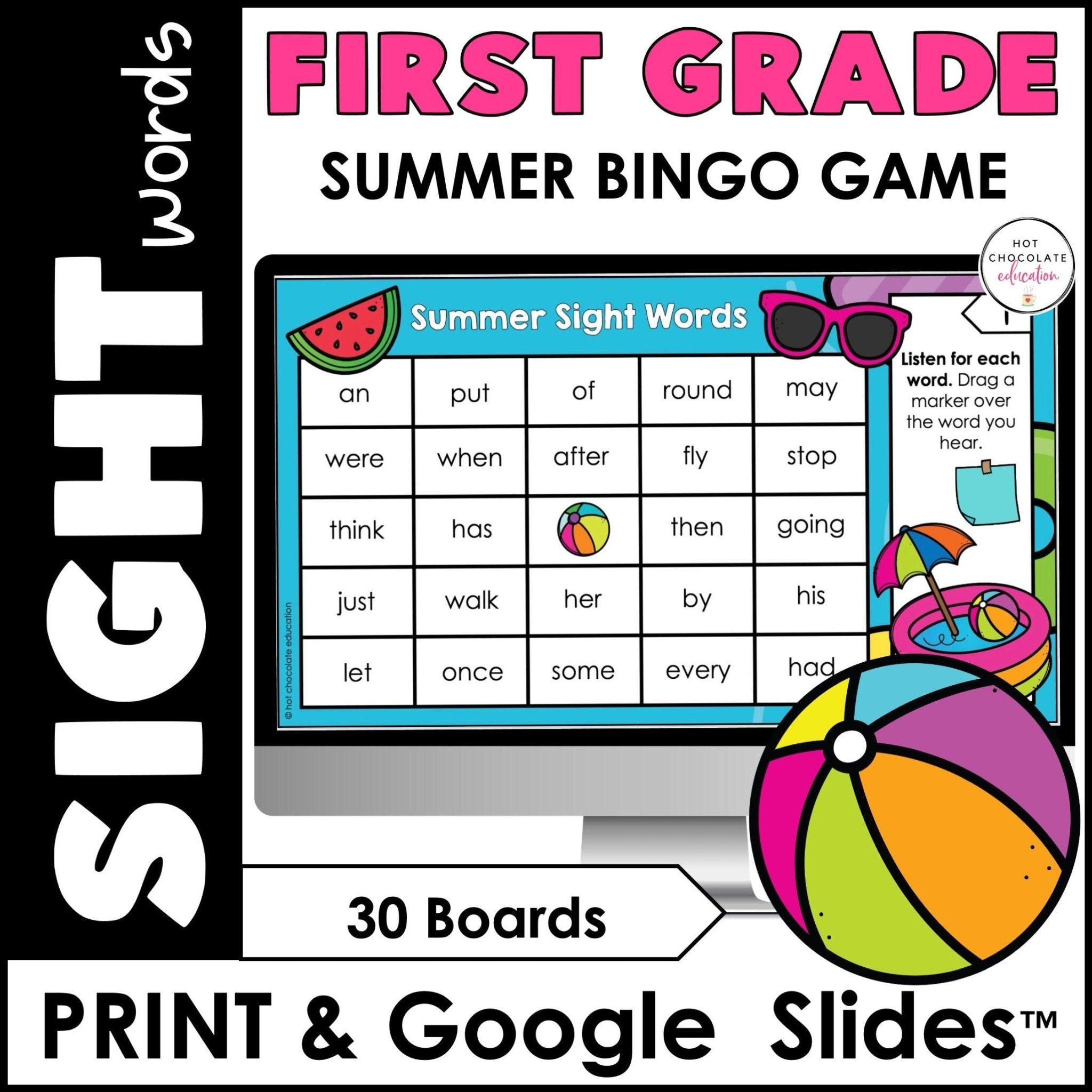 SUMMER First Grade Sight Words Bingo Game - Print & Digital Google Slides™ - Hot Chocolate Teachables