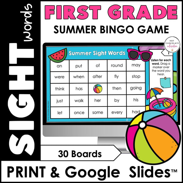 SUMMER First Grade Sight Words Bingo Game - Print & Digital Google Slides™ - Hot Chocolate Teachables