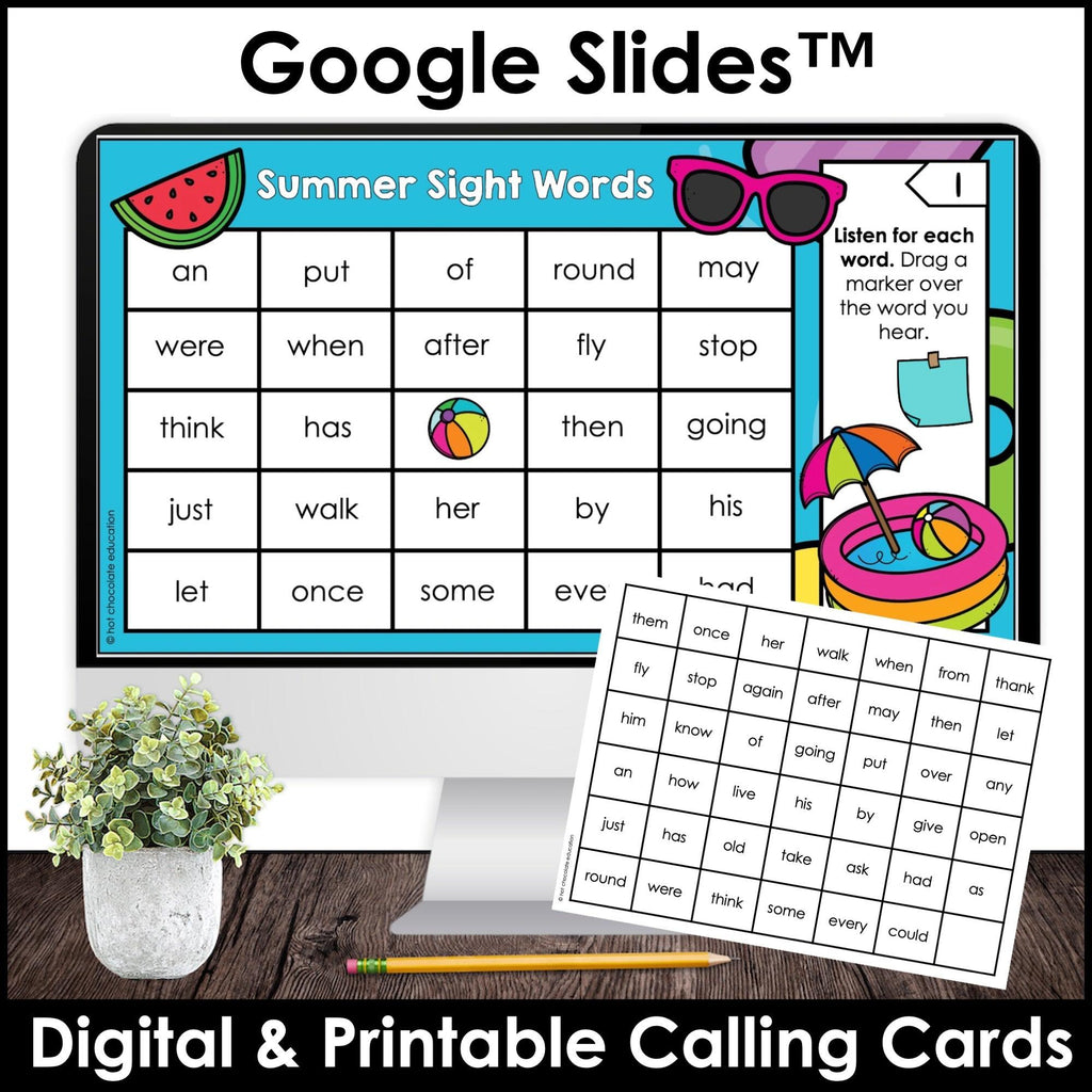 SUMMER First Grade Sight Words Bingo Game - Print & Digital Google Slides™ - Hot Chocolate Teachables