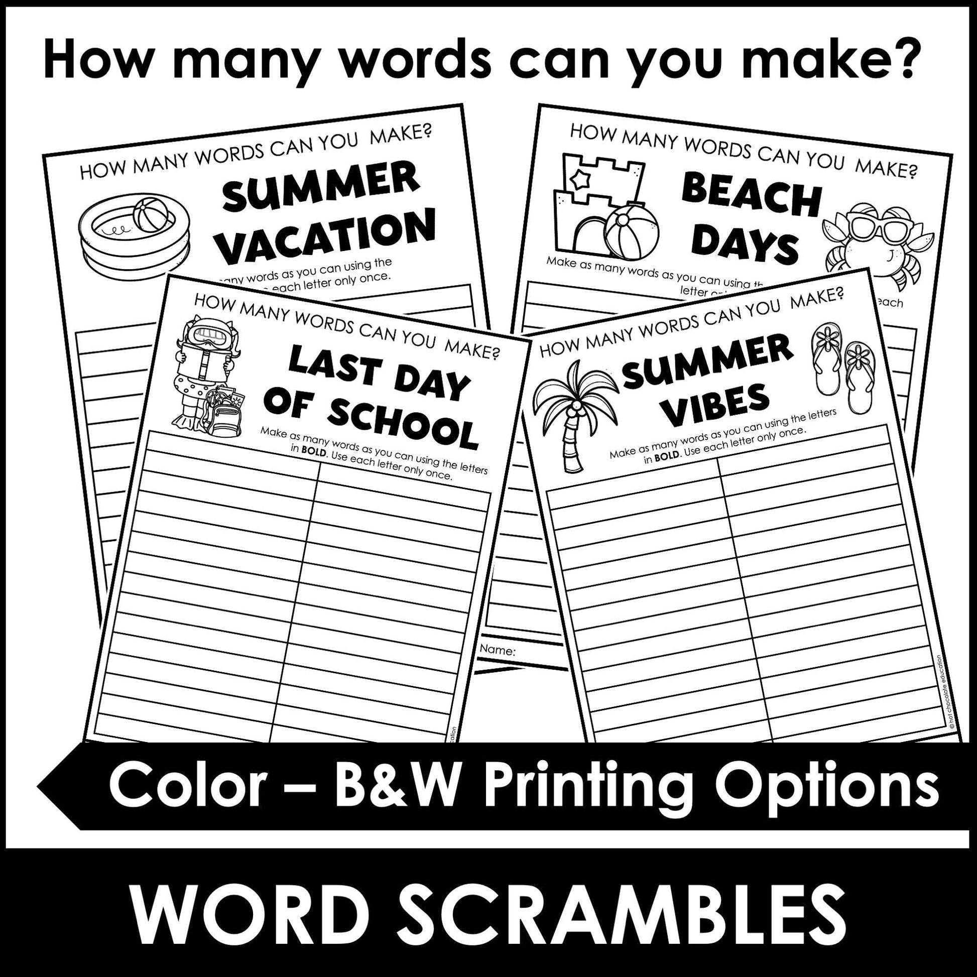 SUMMER & LAST DAY OF SCHOOL Word Scramble Freebie! How many words can you make? - Hot Chocolate Teachables