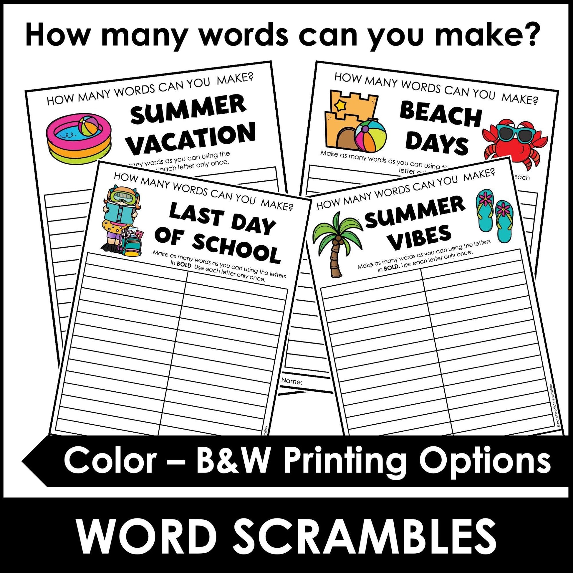 SUMMER & LAST DAY OF SCHOOL Word Scramble Freebie! How many words can you make? - Hot Chocolate Teachables