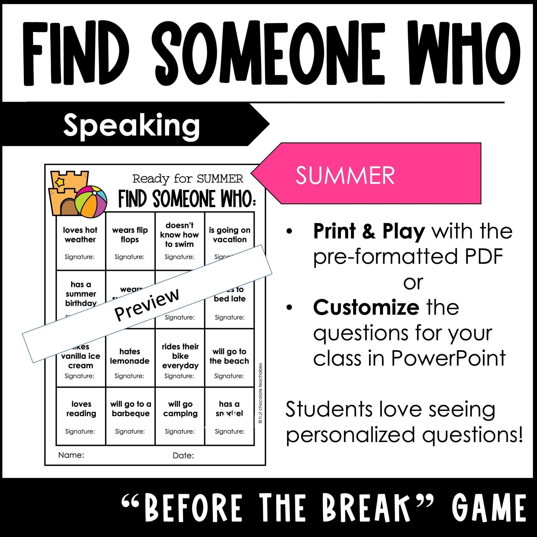 Summer Vacation Find Someone Who - Comprehension & Speaking Activity - Editable - Hot Chocolate Teachables