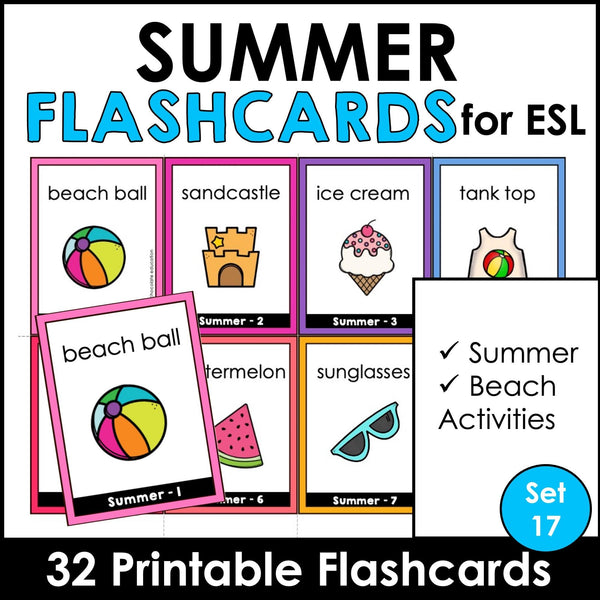 Summer Vocabulary Flashcards : ESL task cards - Flash Cards - Hot Chocolate Teachables